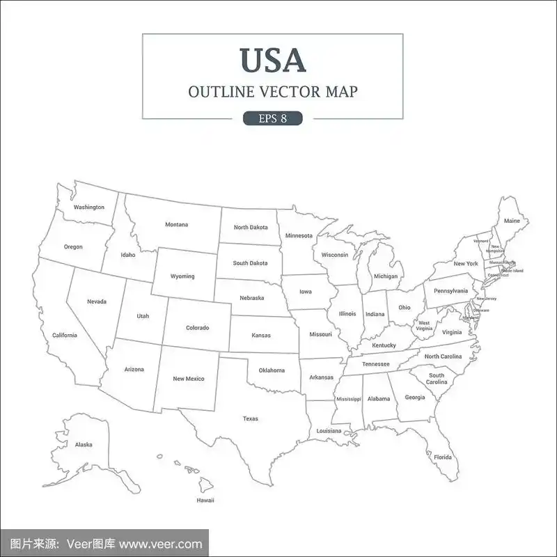 美国地图轮廓高细节分离所有州