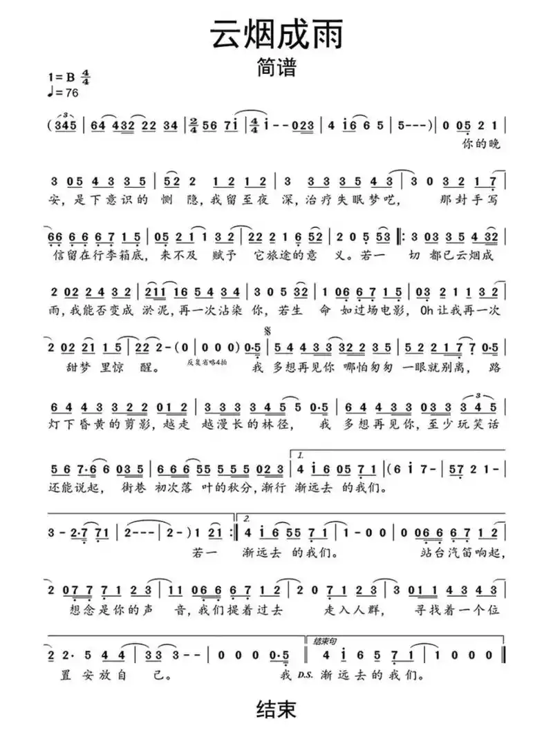 《云烟成雨》简谱分享 最近在听房东的猫,夏日里的小清新