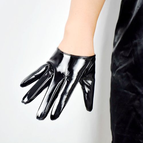 触屏黑色皮手套13cm超短仿羊皮仿真皮pu镜面漆皮亮面机车情侣时尚