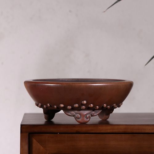 宜兴紫砂花盆朱水明三足如意鼓钉圆盆景菖蒲树桩盆水花盆