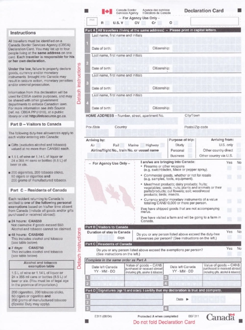 加拿大入境海关申报卡 (英文)
