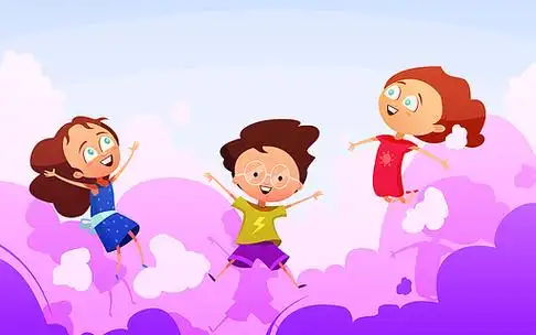 嬉戏的孩子们跳着玫瑰云的公司活跃的嬉戏的学龄前孩子的公司在卡通