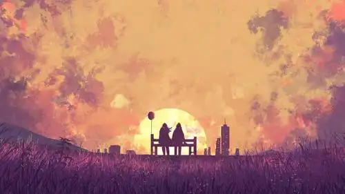 情侣黄昏落日背影插画高清原图查看