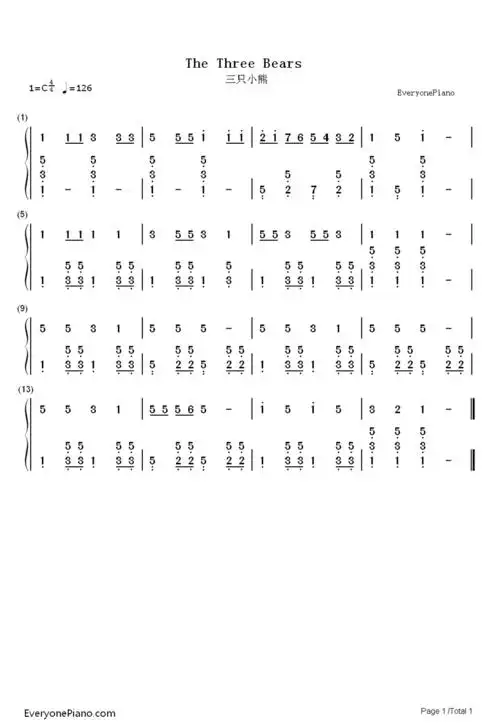 数字钢琴右手简谱三只小熊