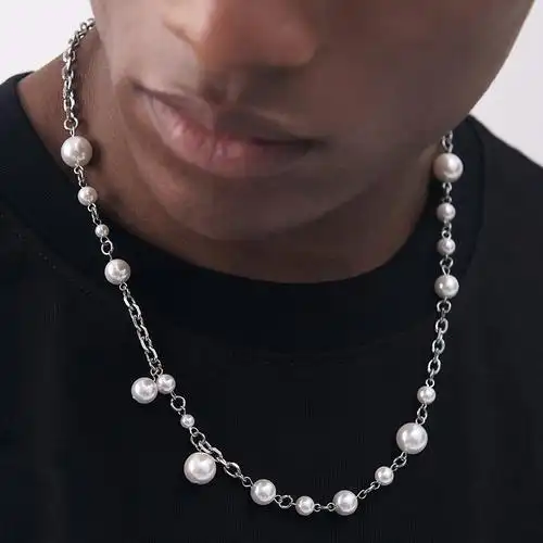 欧美街头嘻哈珍珠项链steel necklace钛钢链条拼接贝珠配饰男潮流
