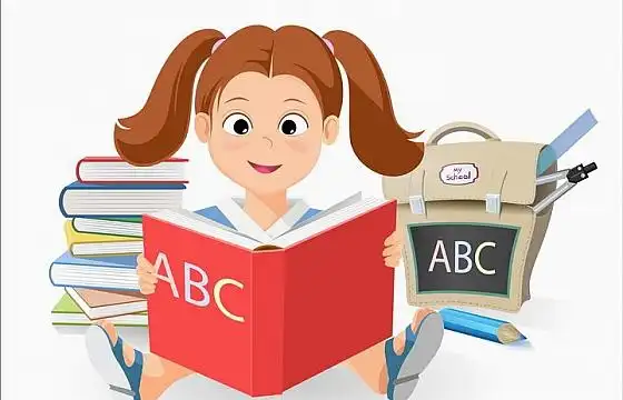 正在看英语书学英语的卡通女孩图片免抠素材