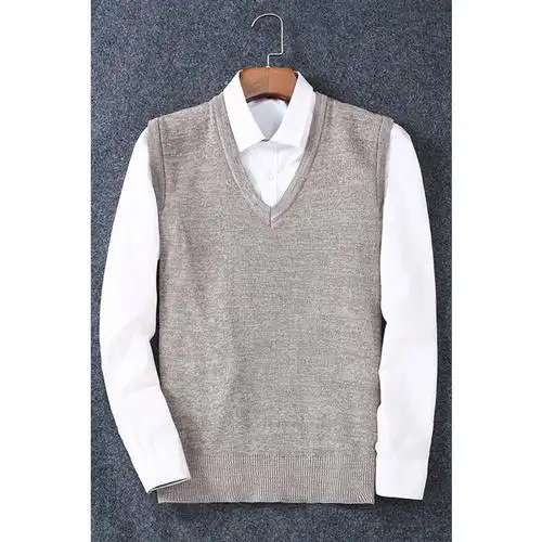 suntek中老年人毛线针织马甲背心男士v领套头无袖毛衣背心宽松马甲薄