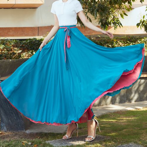 雪纺大摆裙广场舞红色长裙双面穿540度大摆裙新疆舞裙里外超大摆