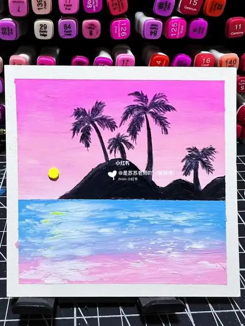 重彩油画棒手绘风景粉色海边落日98附步骤图