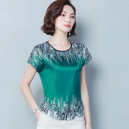 仿冰丝上衣女夏季新款大码短袖桑蚕丝t恤宽松遮肚显瘦女士小衫