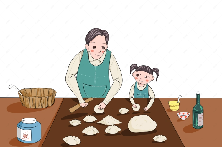 卡通手绘插画妇女包饺子