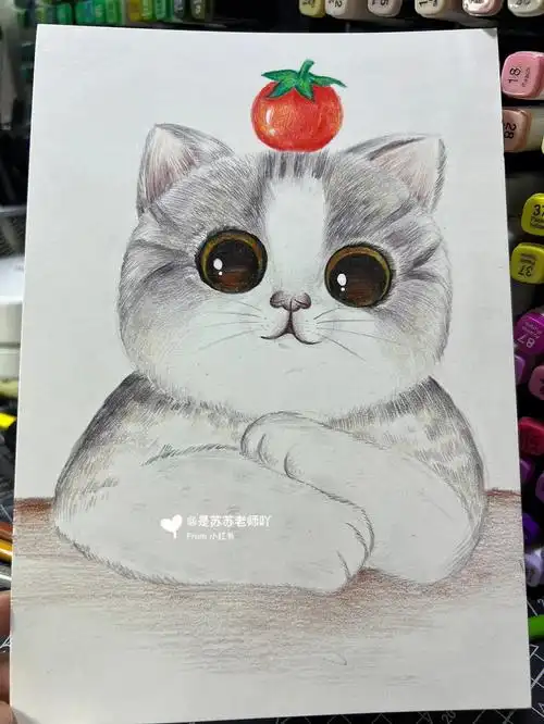 彩铅画动物猫咪水溶油性