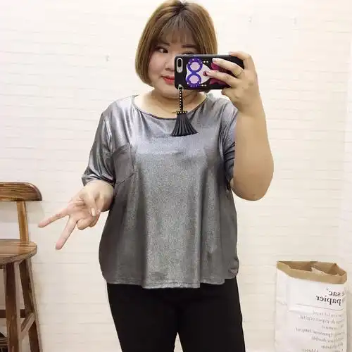 200斤大码女装夏季新款亮丝字母短袖t恤韩版时尚胖mm闪亮潮款体恤