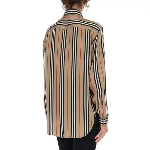 burberry/博柏利 米黄色条纹 超长款真丝 女士长袖衬衫 8011074