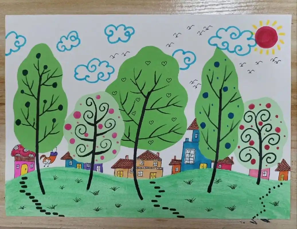 乡间夏日小树林 课程主题: 《夏日的小树林》 绘画工具: 色卡纸,水粉