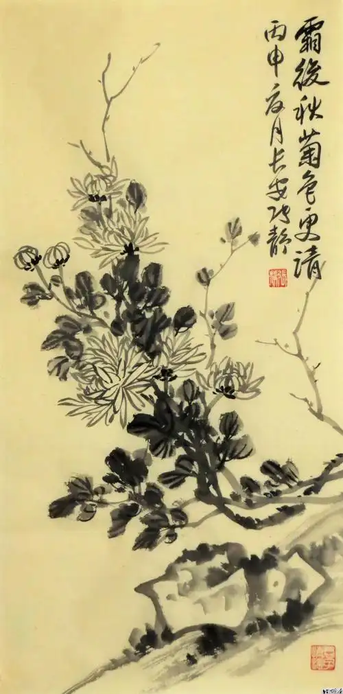 元书仿古宣纸国画水墨写意装饰菊花二尺竖幅原稿真迹书房餐厅茶楼