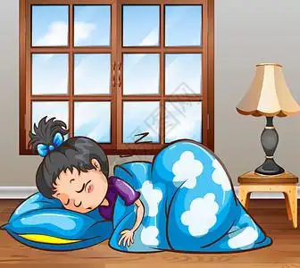 睡 狗睡在卧室的女孩插画