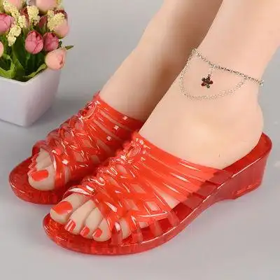 水晶塑胶坡跟拖鞋果冻透明塑料凉拖鞋高跟室外穿拖鞋塑胶凉鞋女夏