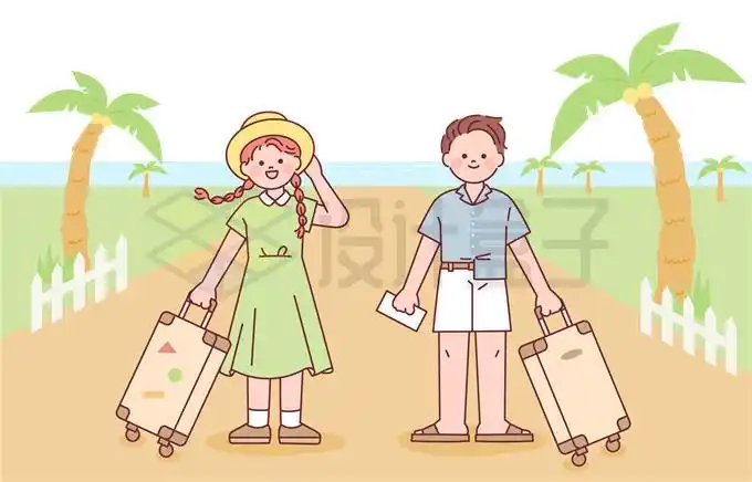 拖着行李箱出去旅行的卡通情侣插画1715200矢量图片免抠素材 休闲娱乐