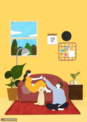 甜美情侣享受时光宠物小狗休闲生活插画