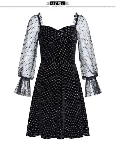 衣阁里拉夏新款长袖网纱金丝绒黑色波点连衣裙女复古赫本风小礼服裙