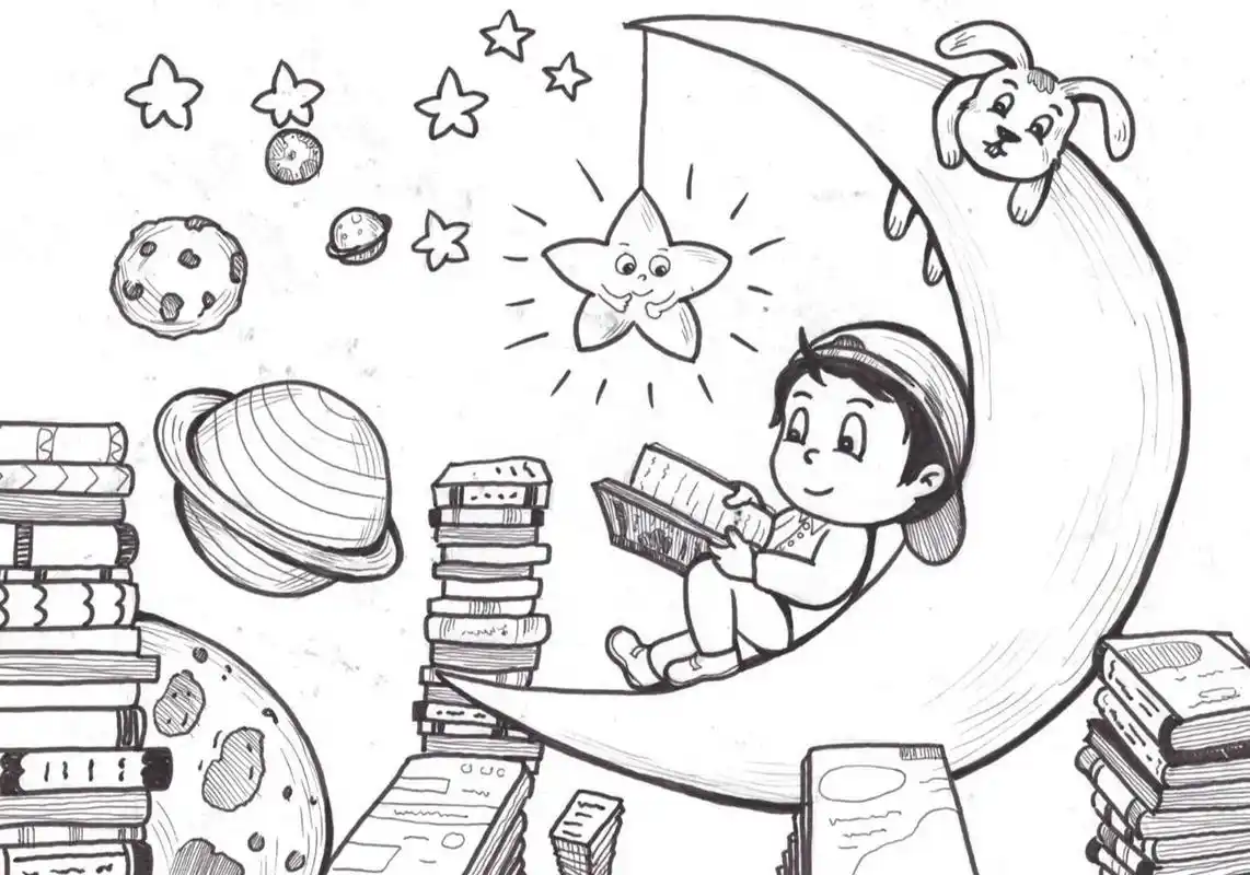 幼师考编简笔画《读书》《看书》《星空》 还是那个带帽子的男孩子.