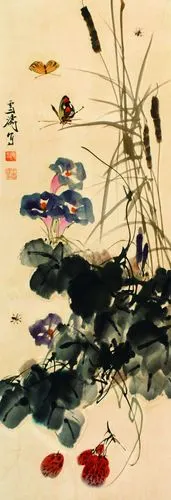 王雪涛 牵牛花放蝶蜂来 立轴 纸本作品欣赏