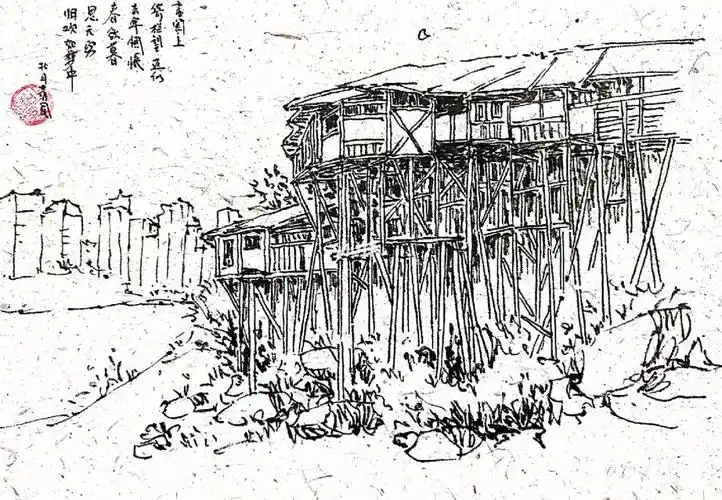 风景写生吊脚楼