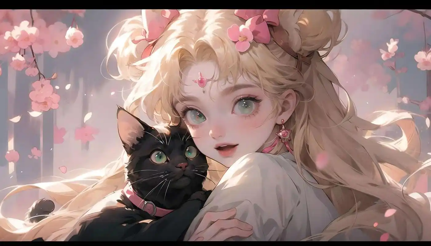 美少女战士电脑壁纸 | 抱猫少女之粉色系 粉色水兵月真的太温柔太治愈