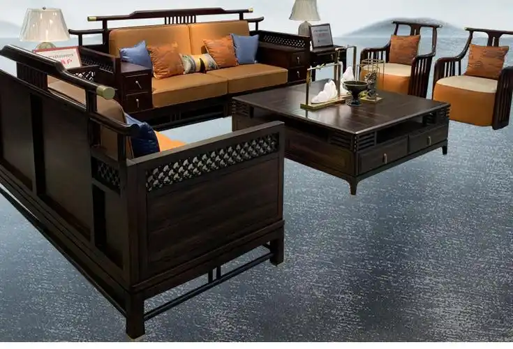 菩本家 新中式乌金檀木实木沙发组合乌丝木中国风别墅榫卯家具 双人