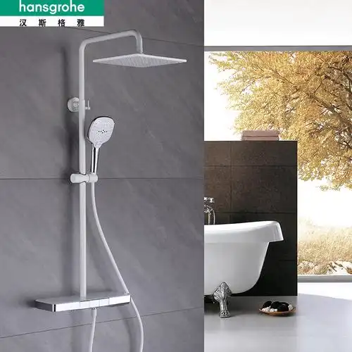 德国汉斯格雅飞雨恒温淋浴花洒全铜挂墙式明装玻璃置物台白色顶喷