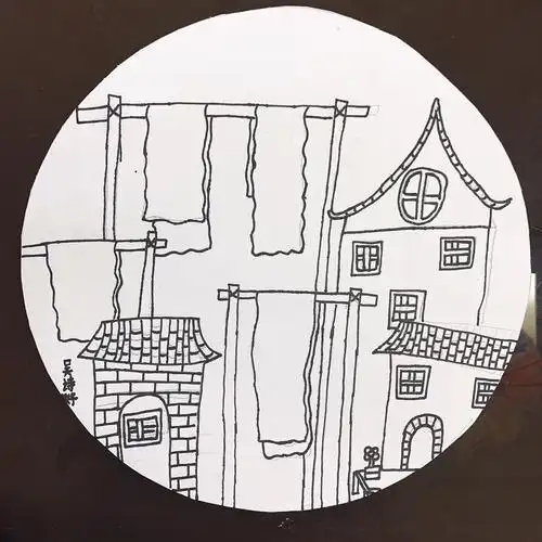 晾布架,布匹,有遮挡关系的中式房屋以及其他元素的染坊的构图画出来