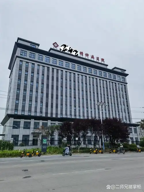 城市街头,灰色大楼耸立,招牌上写着中文字符"精神病院"