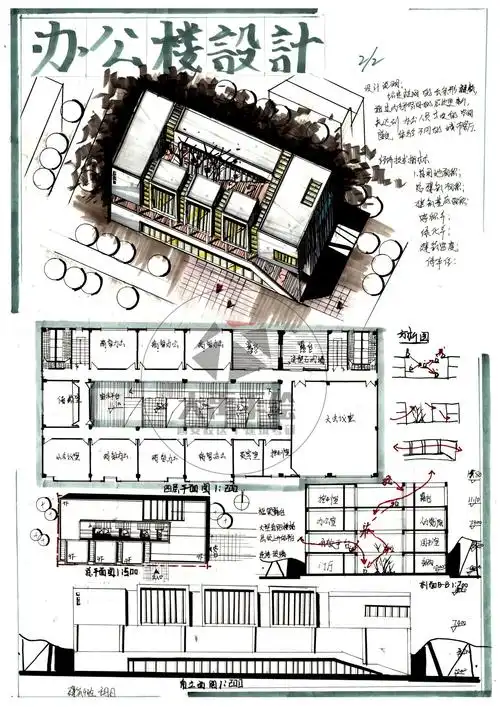今日分享三:办公大楼设计--大禹手绘2020寒假班建筑快题作品欣赏