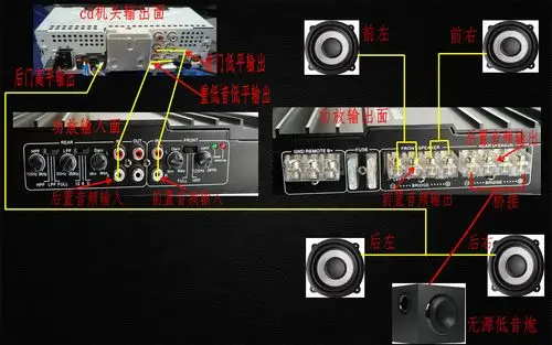 机头前声场接功放前场,接前门喇叭,低音输出接功放后声场,然后桥接