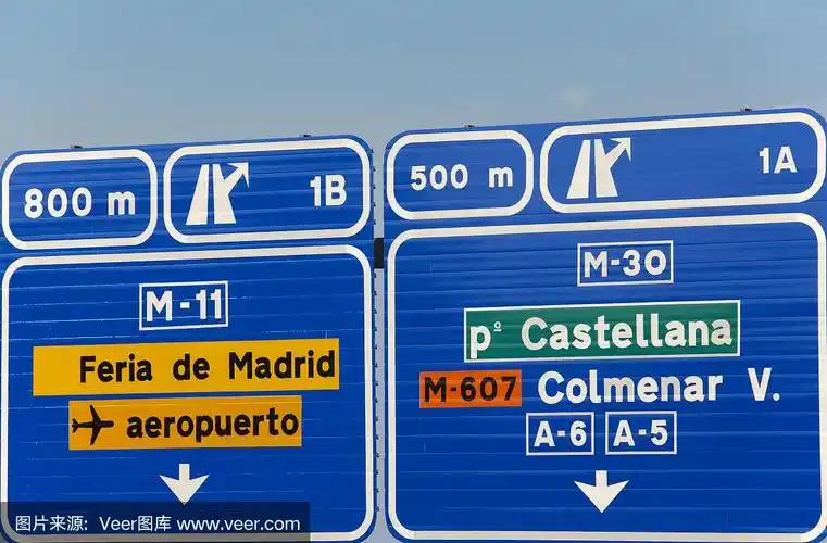 欧洲西班牙信息公路公路路标在蓝色调