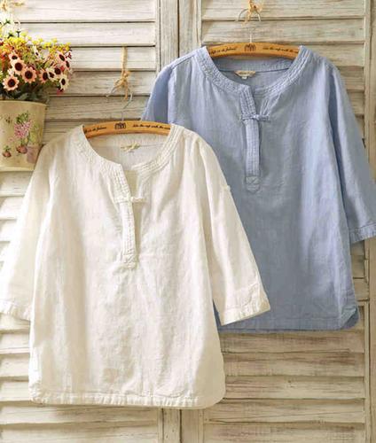 学院风亚麻女装宽松圆领春夏上衣民族风棉麻短袖百搭七分袖t恤女