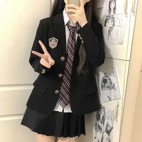jk制服黑色西装外套女大学生学院风校供感绀色三粒扣西服上衣