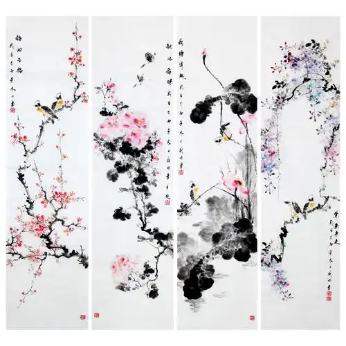 韦盛昭 《花鸟四条屏》写意精品 34cmx136cmx4