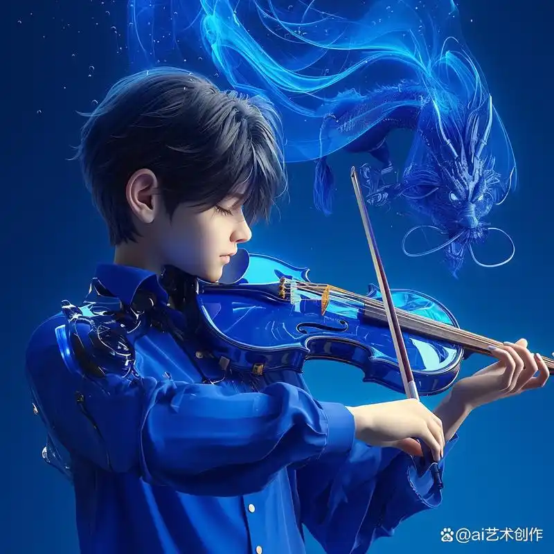 龙年ai画龙第52期作品,拉小提琴头像蓝色风格