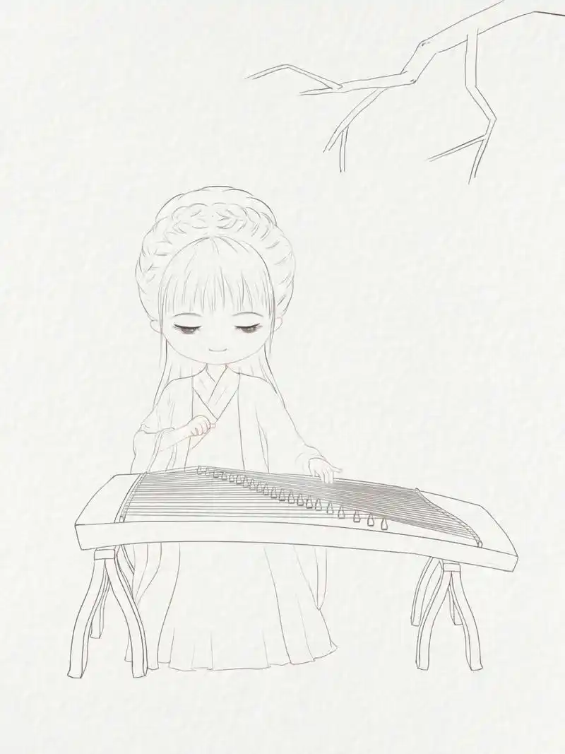 q版手绘·附线稿94我真的画足了21根弦啊～ 作为一个喜欢弹古筝的