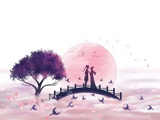 粉色手绘唯美中国风七夕节牛郎织女鹊桥相会元素png素材