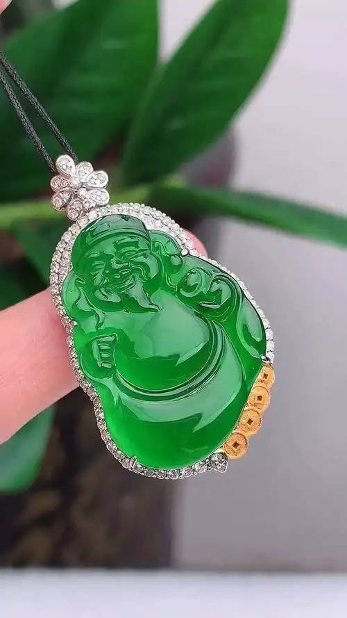 天然a货翡翠 g 1773 18k金伴钻镶嵌满绿招财进宝 财神爷吊坠 玉质细腻