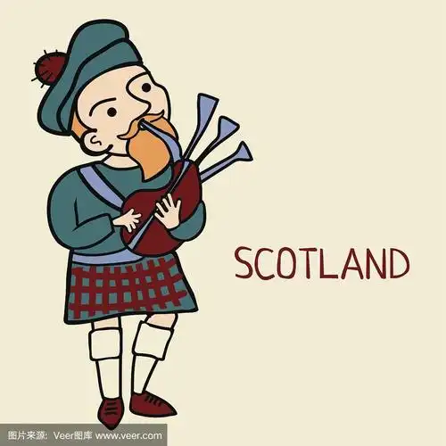 矢量卡通涂鸦苏格兰人风笛在苏格兰短裙
