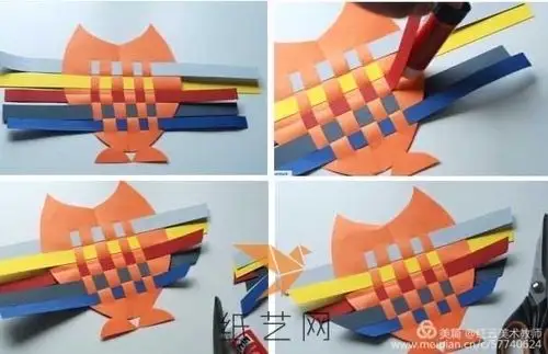 然后我们剪出彩色纸的长条,进行穿插.