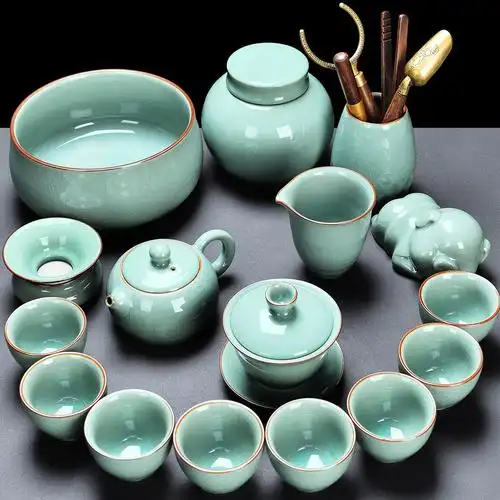 青瓷茶具套装礼盒装_青瓷功夫茶具套装家用小轻奢高档礼盒陶瓷盖碗