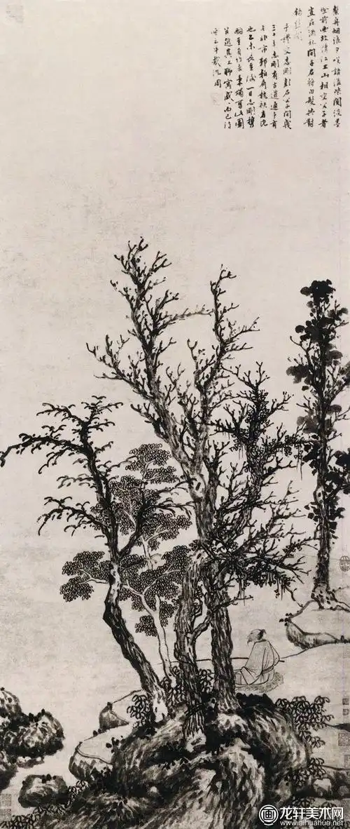 沈周《秋林静钓图轴》-明代沈周水墨人物小景画秋林静钓图赏析