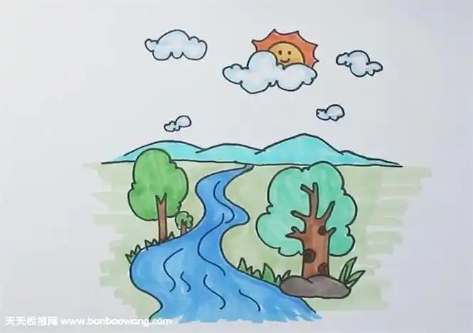 画小溪简笔画山脚下小湖边的树木简湖水简笔画儿童简笔画构图风景彩色