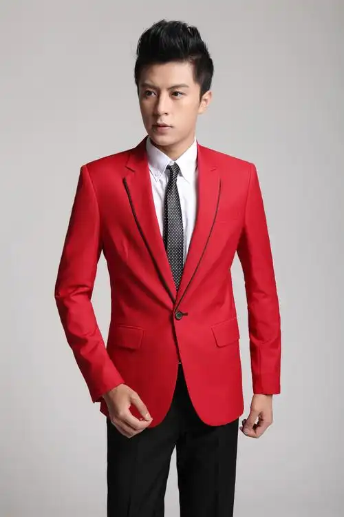 时尚休闲西服外套红色小西装男结婚礼服定做西装套装韩版修身优惠券