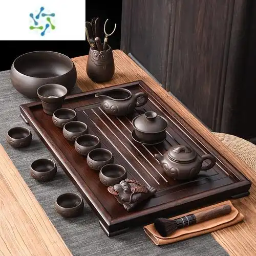 紫砂功夫茶具套装家用客厅排水式茶盘茶具现代简约中式复古整套茶具